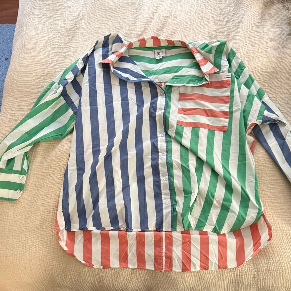 BDG Multicolor Striped Button-Down Shirt - Blue/Green/Red/White